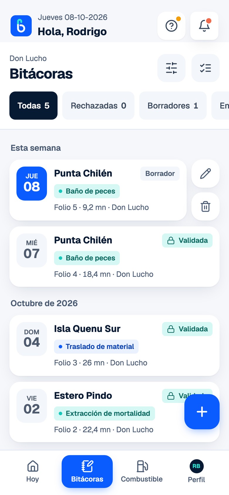 Mis bitácoras: lista por semana con estado de cada una